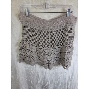 Miss Kelly 1999 Crochet Mini‎ Skirt Taupe Beige Boho Tiered Scalloped Lined